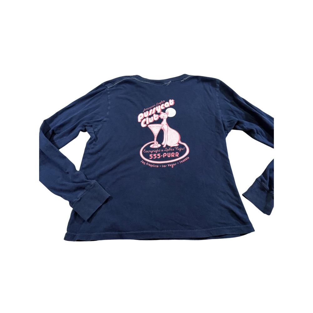 Y2K American Eagle Pussycat Club Shirt Retro Graphic Long Sleeve Baby Tee M/L